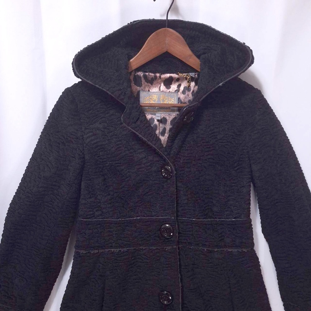 Steve Madden Textured Hooded Jacket Leopard Lining‎ Women S/P Gothic Coat Black